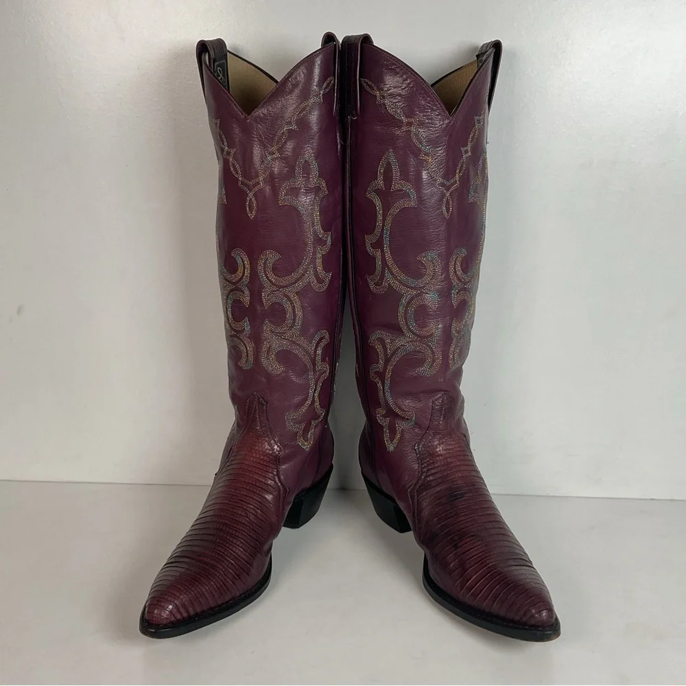 Vintage Larry Mahan Tall Purple Cowgirl Boots 8.5 B USA Made Lizard Teju - Picture 10 of 16